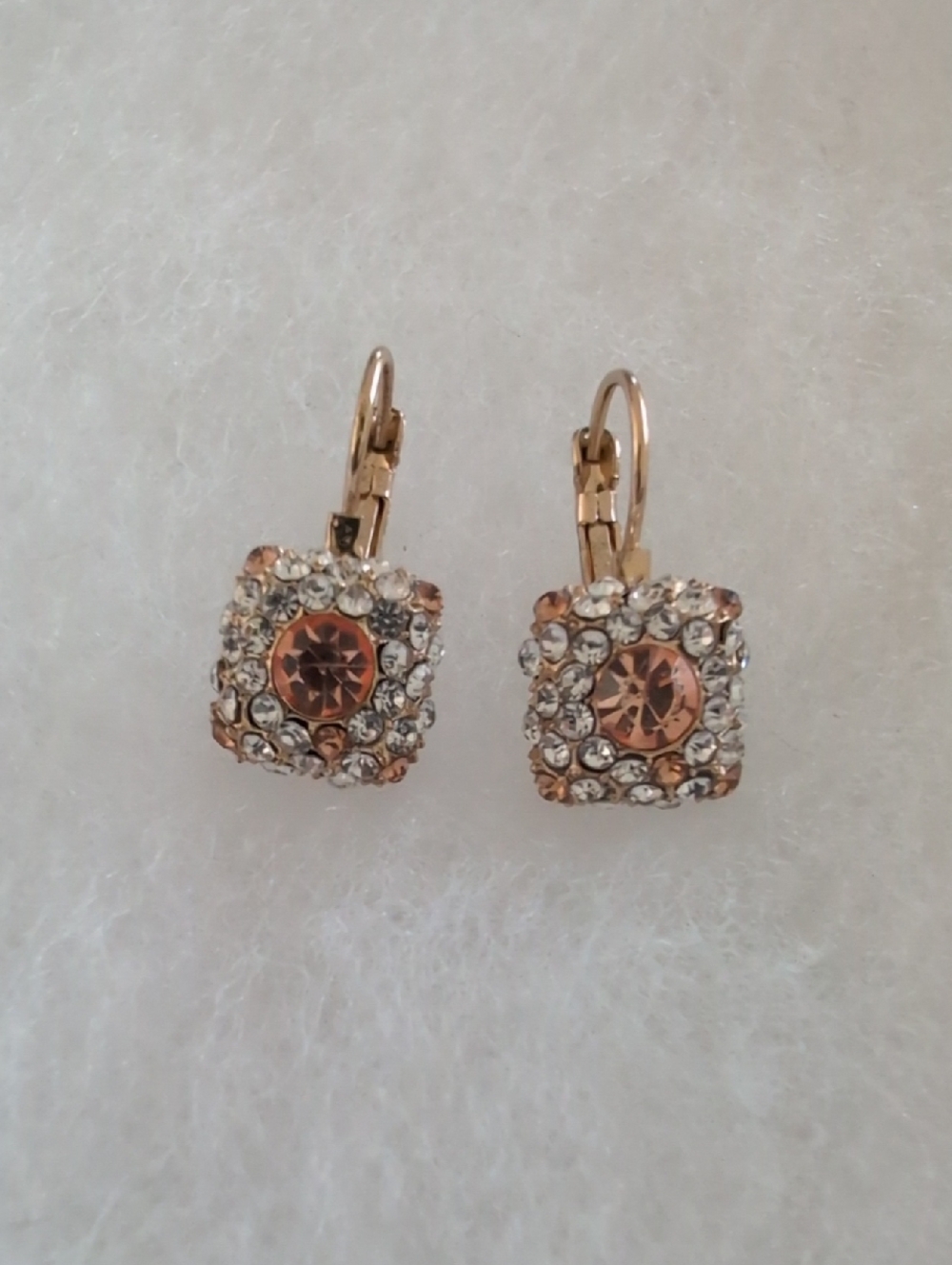 Vintage Art Deco Square Leverback Earrings - Amber Center & Rhinestone Halo